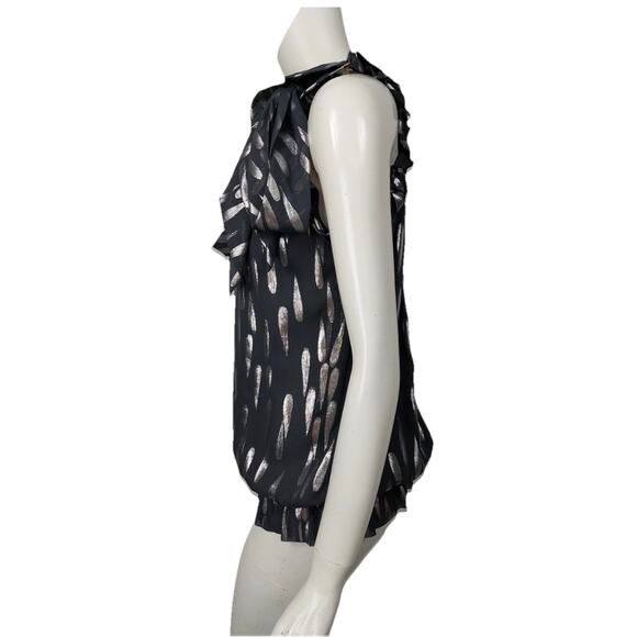 ST JOHN SoCa Charcoal Gray Silver Metallic Silk Tie Neck Sleeveless Top Small E2 - Picture 2 of 9